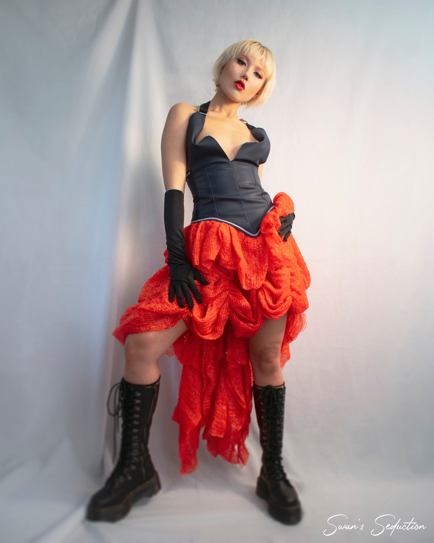 burlesque inspired dress made from upcycled farm materials