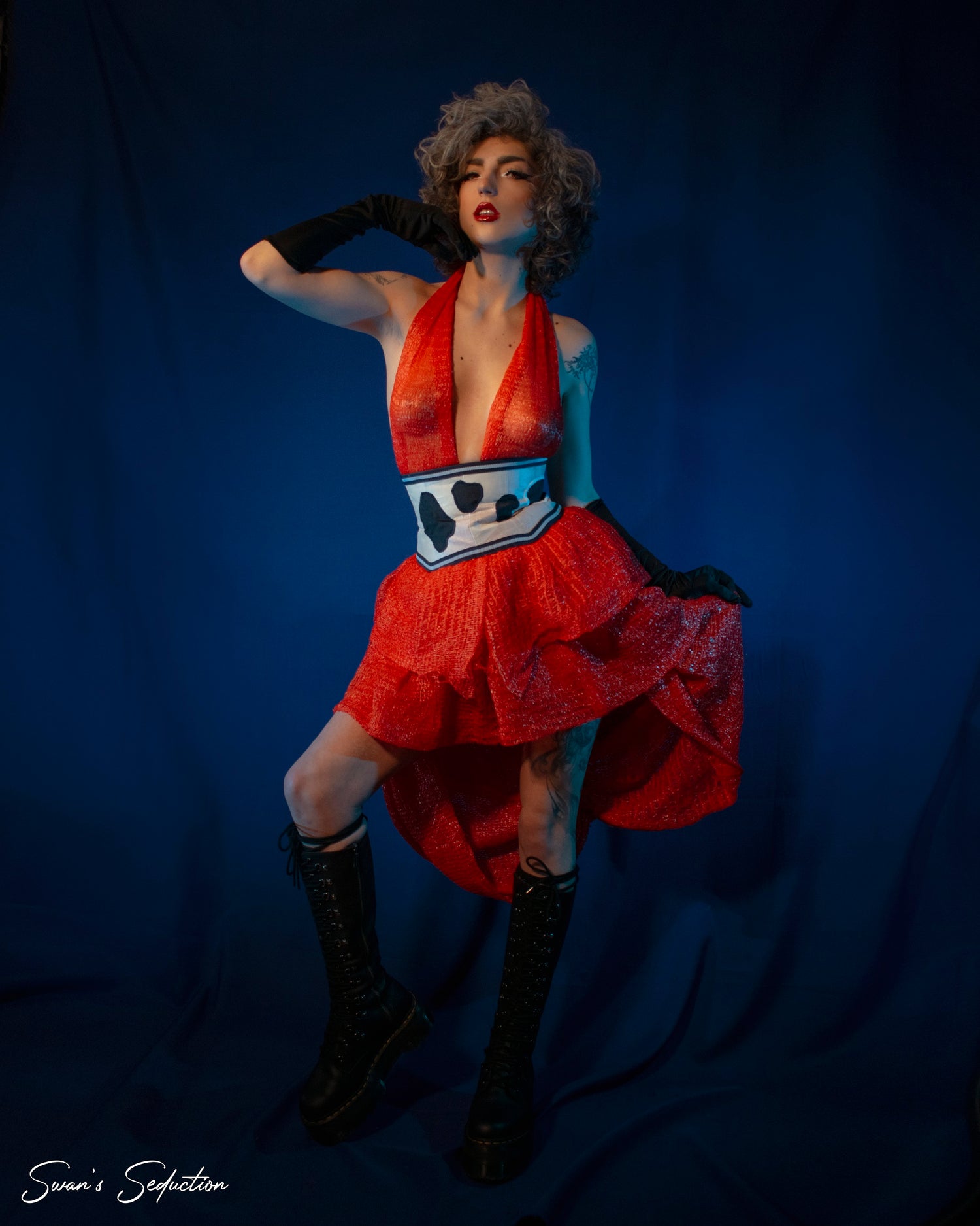 burlesque inspired dress made from upcycled farm materials